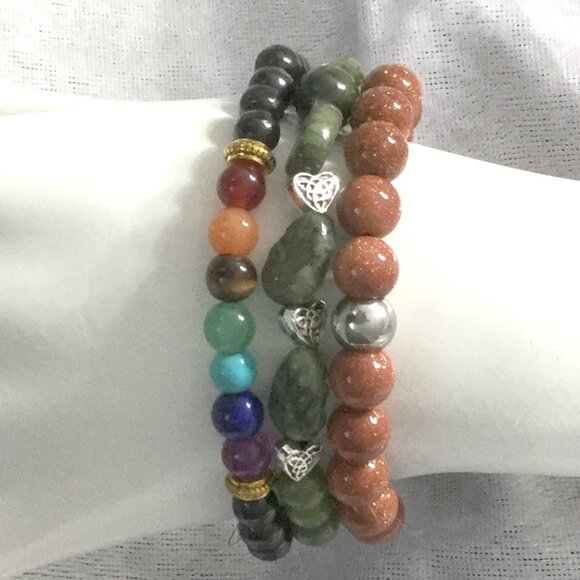 New 3pc Natural Stone Stretch Bracelet Set - Mixed Gemstone Beads Boho Stackable - Picture 4 of 10